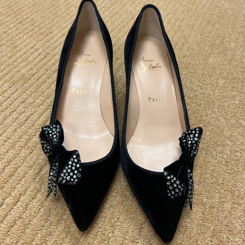 Louboutin black velvet heels with bows